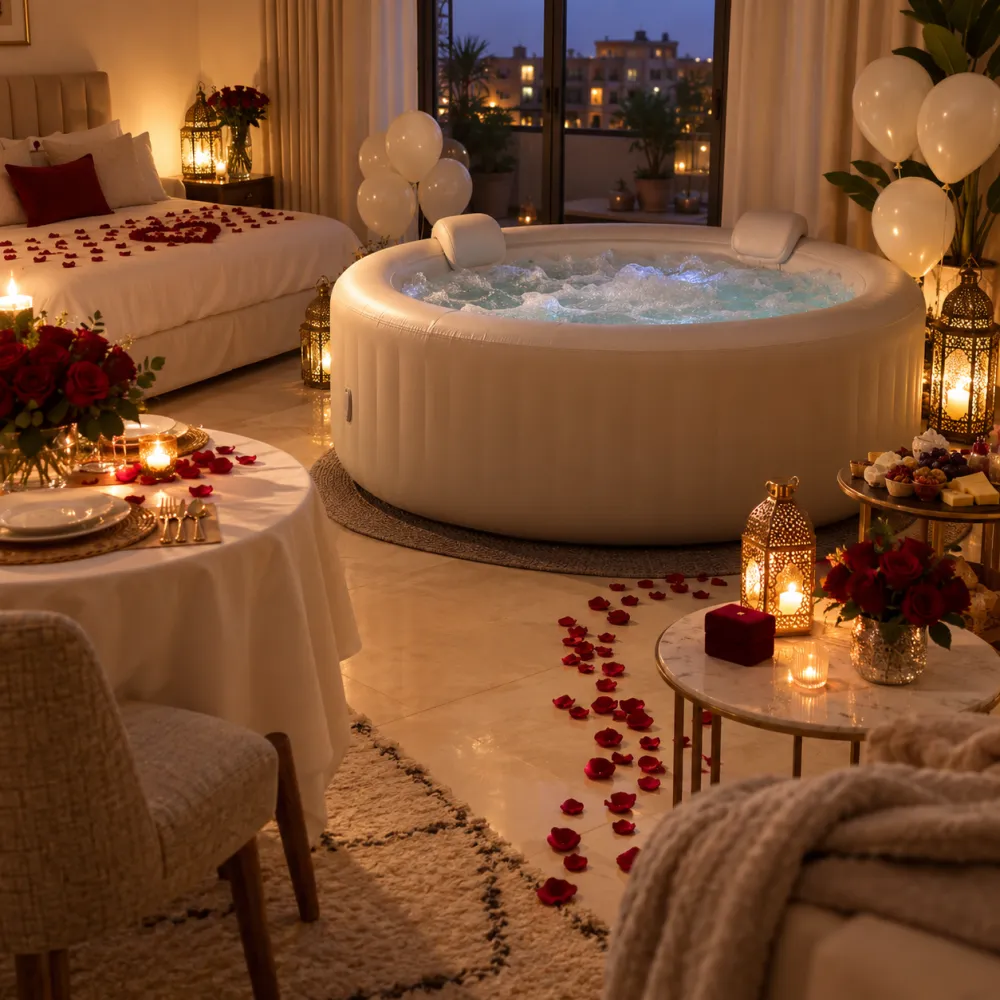 Jacuzzi gonflable entouré de bougies et d’une allée de pétales, avec l’inscription « Veux-tu m’épouser ? », pack Dis-moi Oui
