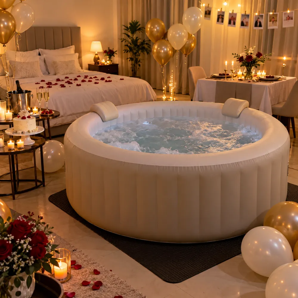 Jacuzzi gonflable décoré pour un anniversaire de mariage, avec prénoms du couple et photos, pack Encore Nous
