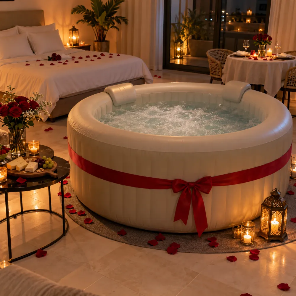 Jacuzzi gonflable décoré de pétales rouges et de bougies dans une chambre, pack Évasion à Deux