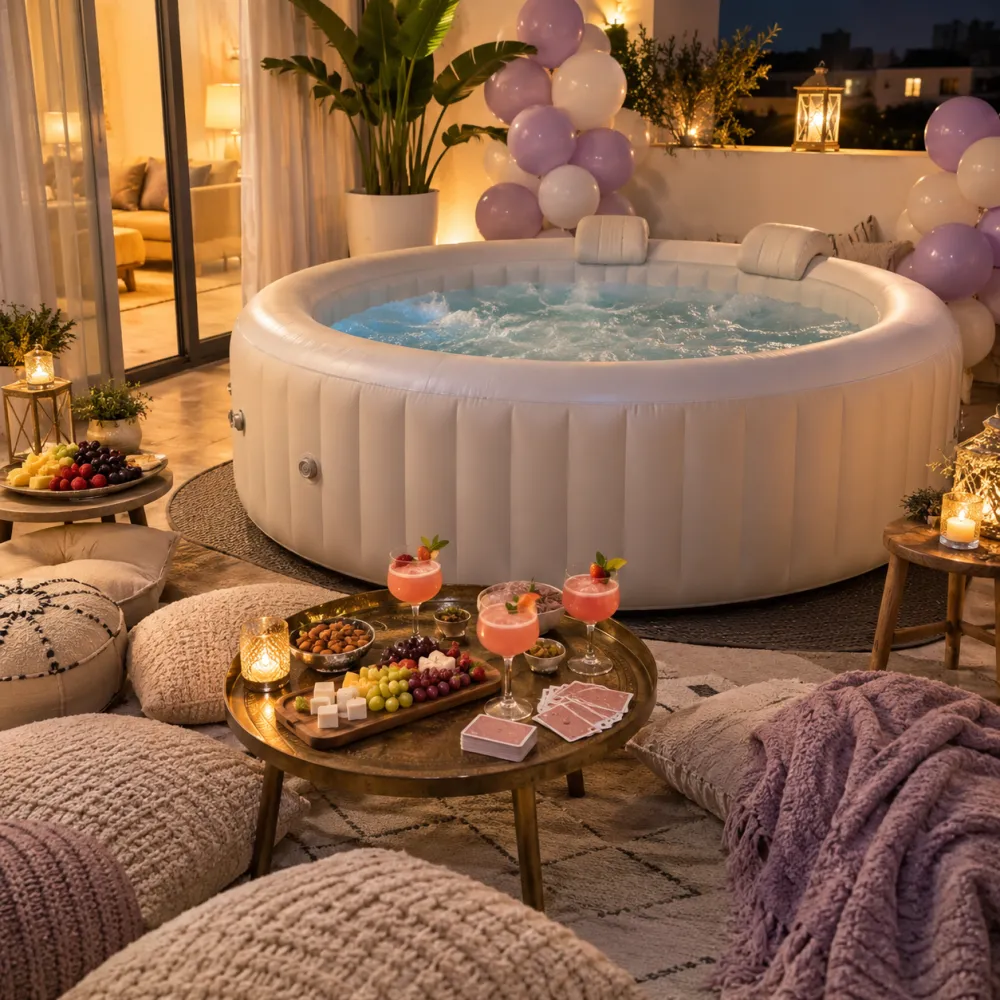 Jacuzzi gonflable décoré à domicile pour soirée entre copines, pack Juste entre Filles IMJ Events