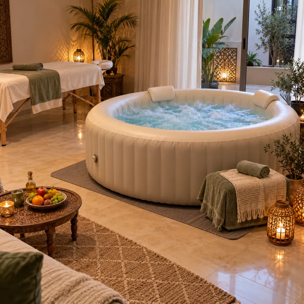 Jacuzzi gonflable aux tons sauge et beige avec serviettes roulées et décoration épurée, pack Pause Bonheur