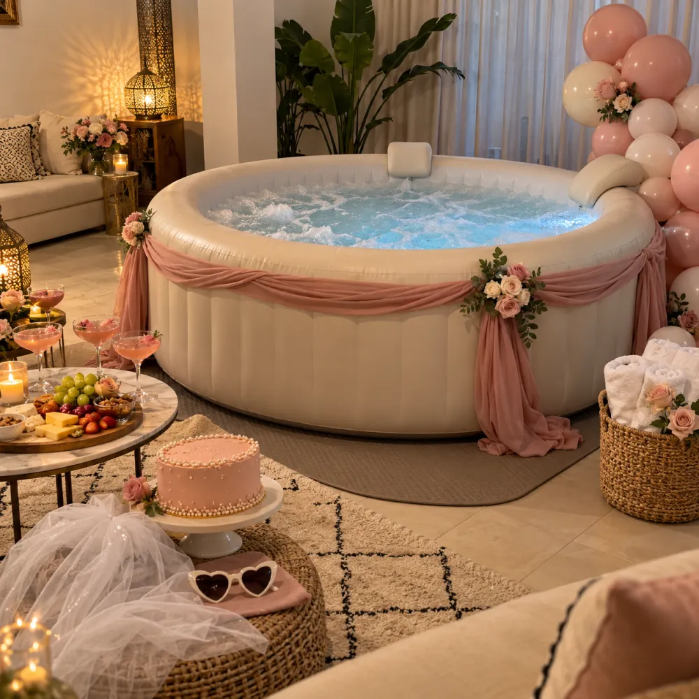Jacuzzi gonflable décoré à domicile pour enterrement de vie de jeune fille, pack Team Mariée IMJ Events